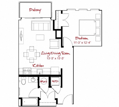 Floor plan for 1 bed, 1 bath, 603 sqft